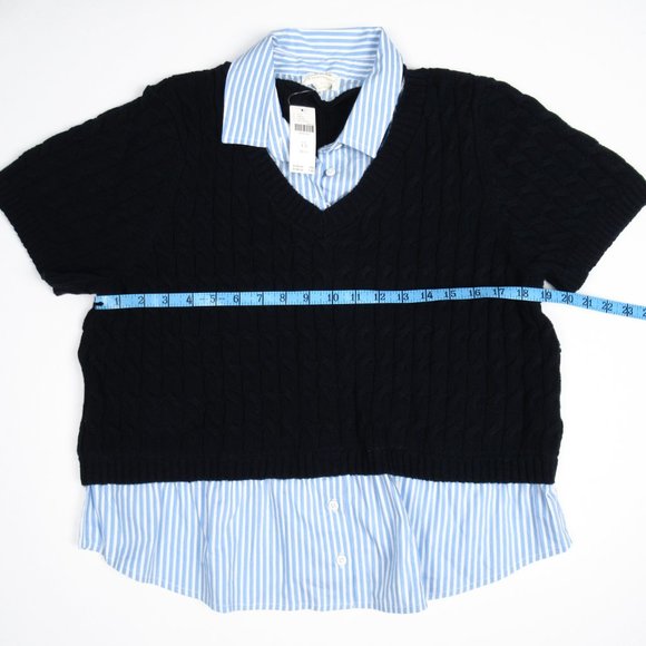 Anthropologie Maeve Cable Short-Sleeve Twofer Sweater Navy Blue 1X Plus - Picture 4 of 8